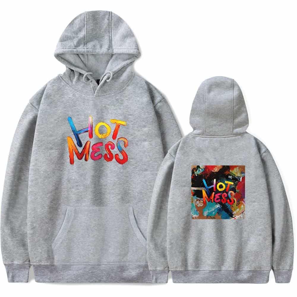 Bright gray hoodie with colorful "Hot Mess" graffiti design on front and back, casual streetwear style for K-pop fans.