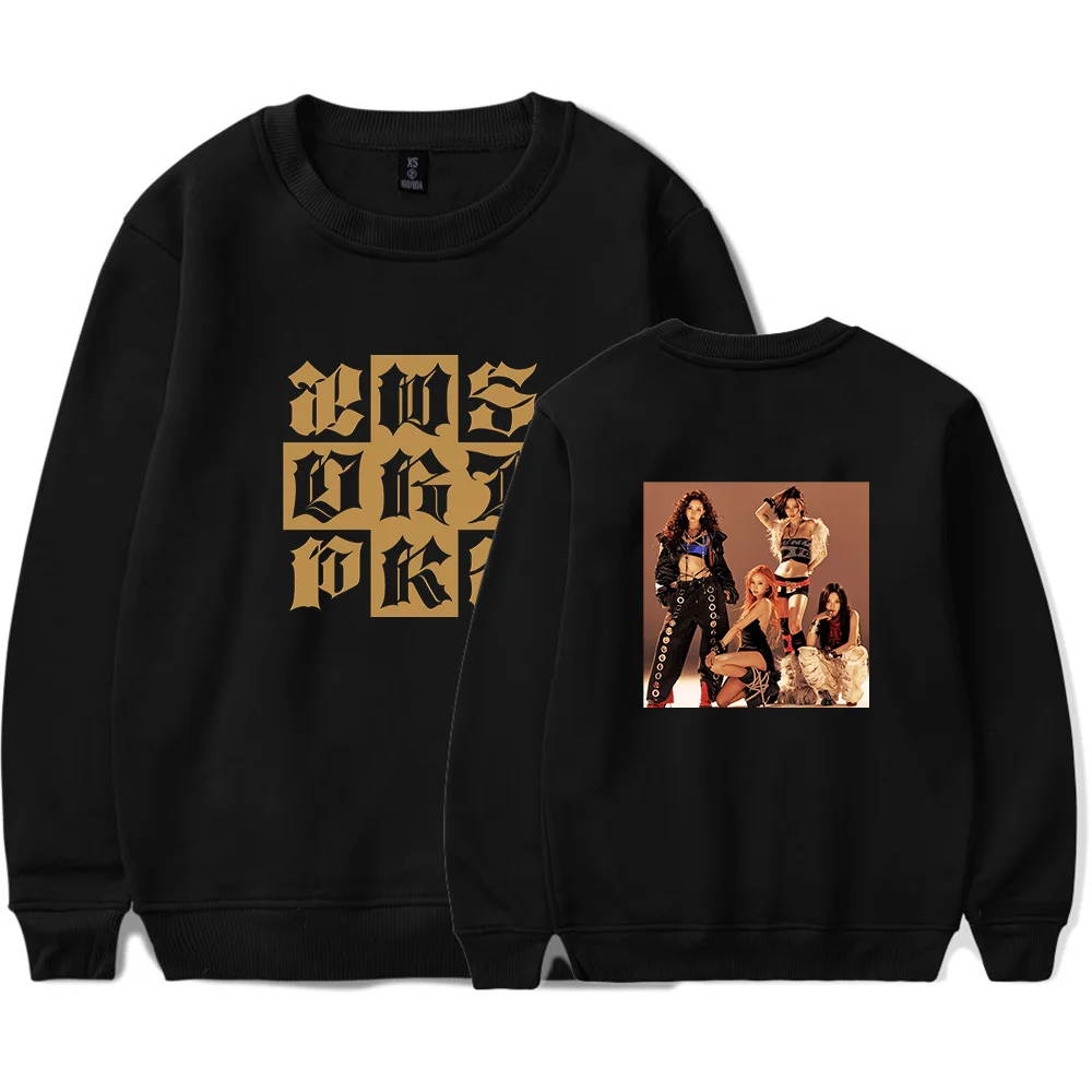 Black K-pop merch sweatshirt with a graphic of a girl group on the back and stylized text on the front. Perfect for fans to show support and style.