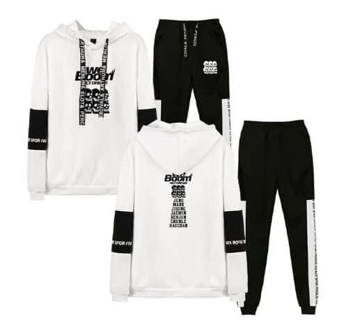 Adidas kpop merchandise hoodie and sweatpants set in black and white with graphic text and logo styles.
